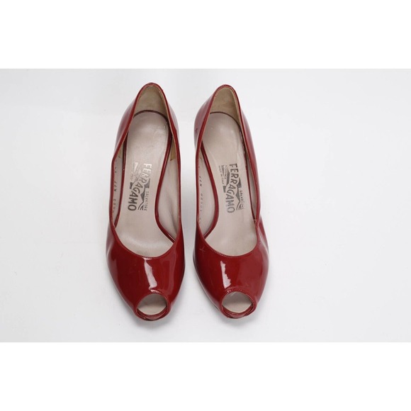 Salvatore Ferragamo Burgundy Patent Leather Peep Toe Wedge Pumps 6.5 B (fits 7) - Picture 5 of 11